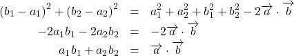 \begin{eqnarray*}\left(b_1-a_1\right)^2+\left(b_2-a_2\right)^2&=&a_1^2+a_2^2+b_1^2+b_2^2-2\overrightarrow{a}\cdot\overrightarrow{b}\\-2a_1 b_1-2a_2 b_2 &=& -2\overrightarrow{a}\cdot\overrightarrow{b}\\a_1 b_1+a_2 b_2 &=& \overrightarrow{a}\cdot\overrightarrow{b}\end{eqnarray*}