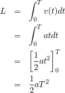  \begin{eqnarray*} L &=& \int_0^T v(t) dt \\ &=& \int_0^T a t dt \\ &=& \left [\frac{1}{2} a t^2 \right ]_0^T \\ &=& \frac{1}{2} a T^2 \end{eqnarray*} 