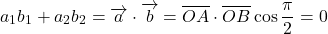 $$a_1 b_1+a_2 b_2=\overrightarrow{a}\cdot\overrightarrow{b}=\overline{OA}\cdot \overline{OB} \cos {\frac{\pi}{2}}=0$$