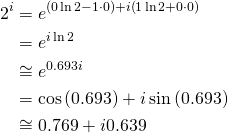 \begin{align*} 2^i&=e^{\left(0 \ln 2 - 1\cdot 0\right)+i\left(1 \ln 2 + 0 \cdot 0\right)}\\ &=e^{i\ln 2} \\ &\cong e^{0.693 i}\\ &=\cos\left(0.693\right)+i\sin\left(0.693\right)\\ &\cong0.769+i0.639 \end{align*}