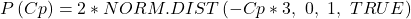 \begin{align*} P\left(Cp\right)=2*NORM.DIST\left(-Cp*3,\ 0,\ 1,\ TRUE\right) \end{align*}