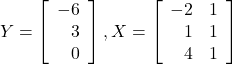 $$ Y=\left[\begin{array}{r} -6 \\ 3 \\ 0 \end{array}\right], X=\left[\begin{array}{rr} -2 & 1\\ 1 & 1 \\ 4 & 1 \end{array}\right] $$